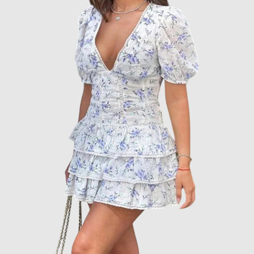 Madelief | Dames Mini Jurk met Bloemenprint & Ruches