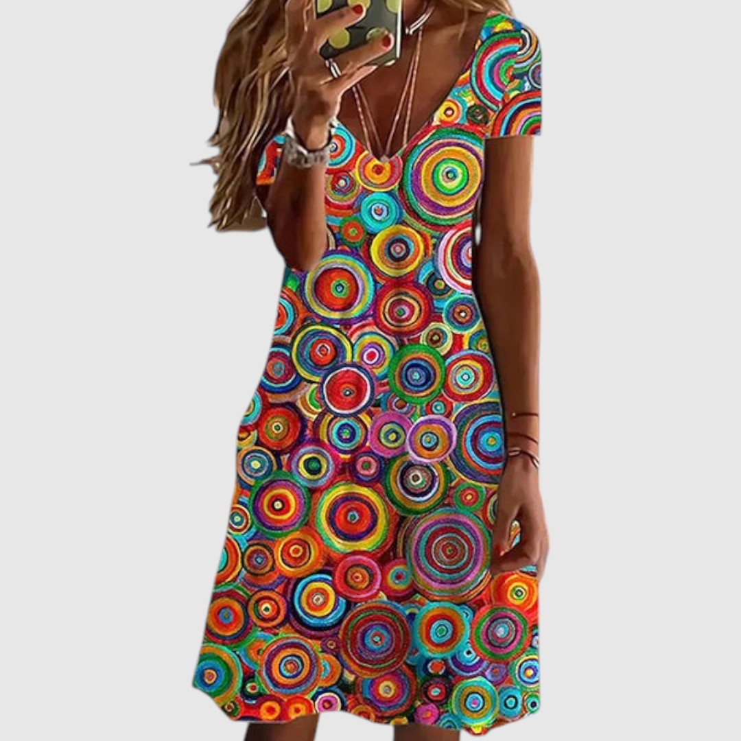 Hilde | Dames Zomer Jurk met Kleurrijk Patroon | Midi met V-Hals