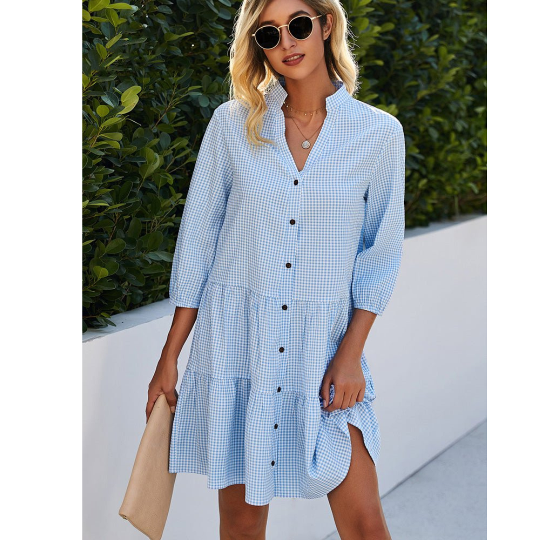 Charlotte | Dames Ruiten Jurk | Mini met Knoopsluiting en V-Hals