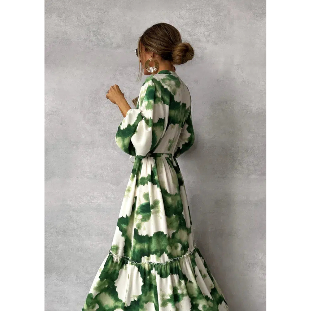 Fleur | Dames Flowy Jurk | Maxi met Lange Mouwen & V-Hals