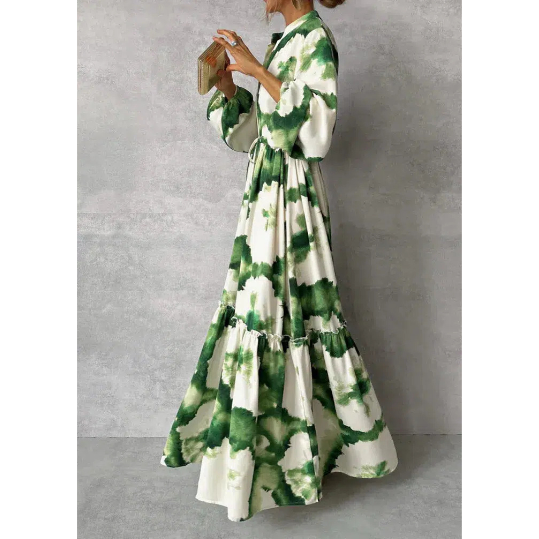 Fleur | Dames Flowy Jurk | Maxi met Lange Mouwen & V-Hals