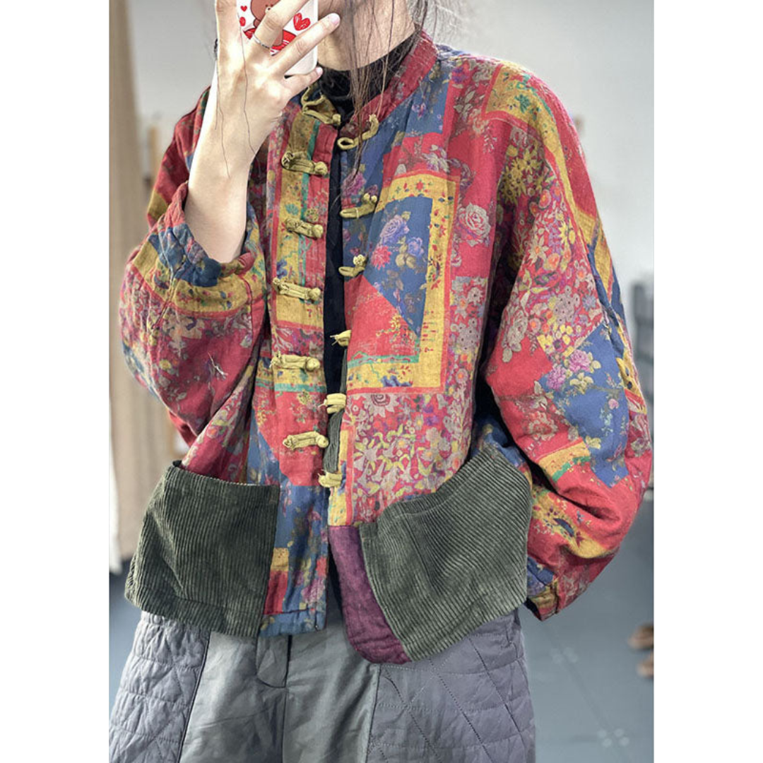 Jolie | Dames Vintage Jas met Print en Knoopsluiting & Lange Mouwen