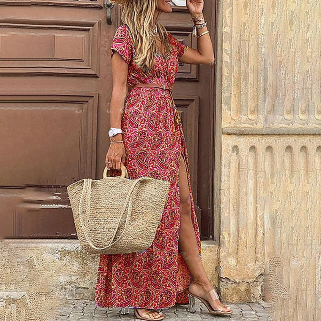 Merel | Dames Boho Jurk met V-Hals en Paisley Print | Maxi Jurk Zomer met Riem