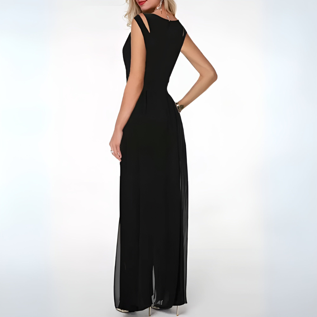 Lilian | Dames Mouwloze Chiffon Jumpsuit met Wijde Pijpen