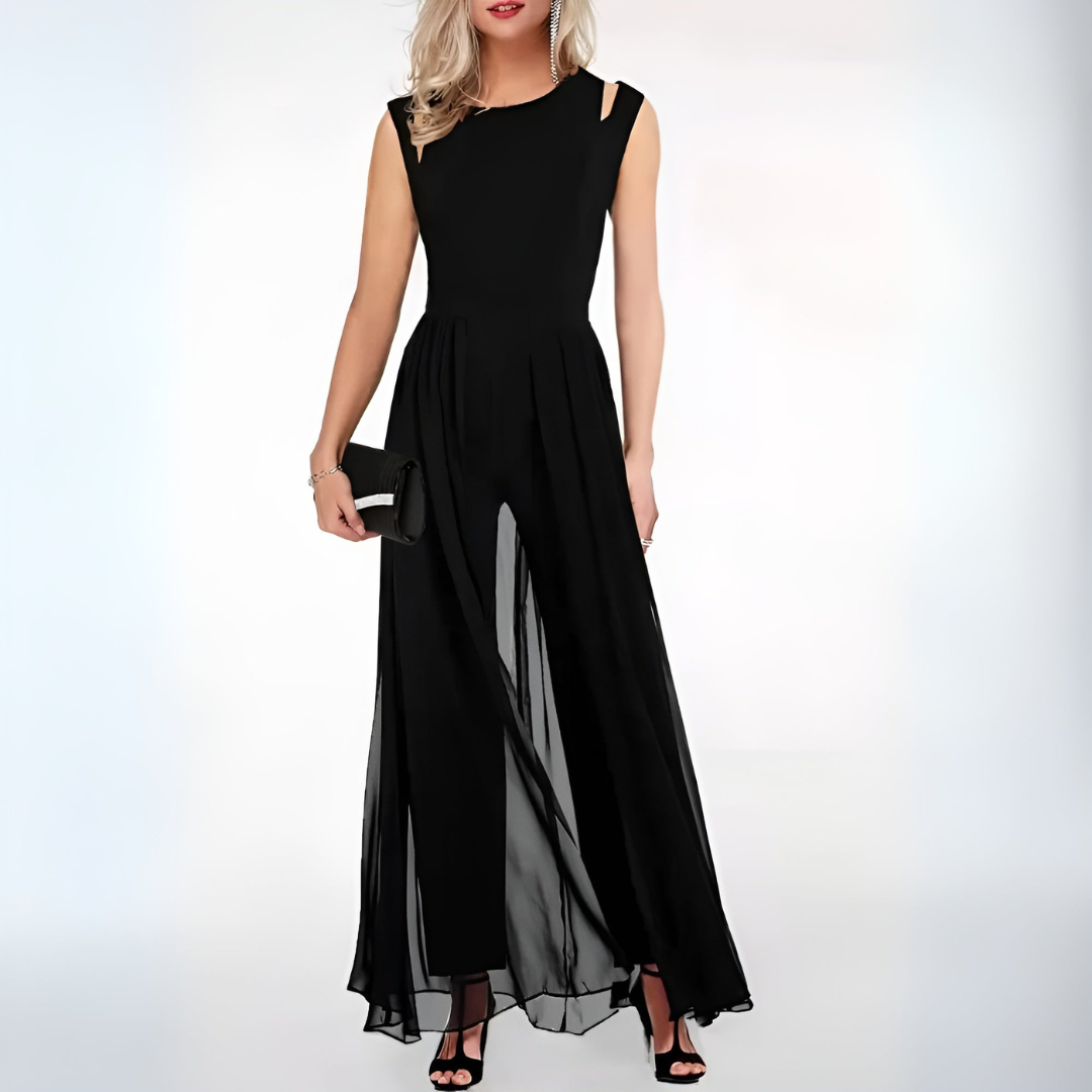 Lilian | Dames Mouwloze Chiffon Jumpsuit met Wijde Pijpen