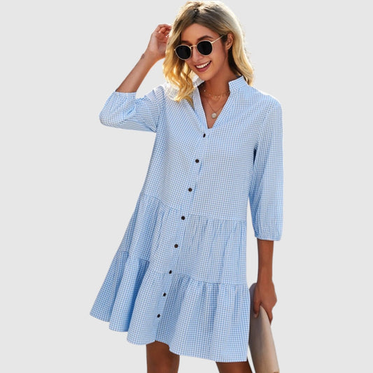 Charlotte | Dames Ruiten Jurk | Mini met Knoopsluiting en V-Hals