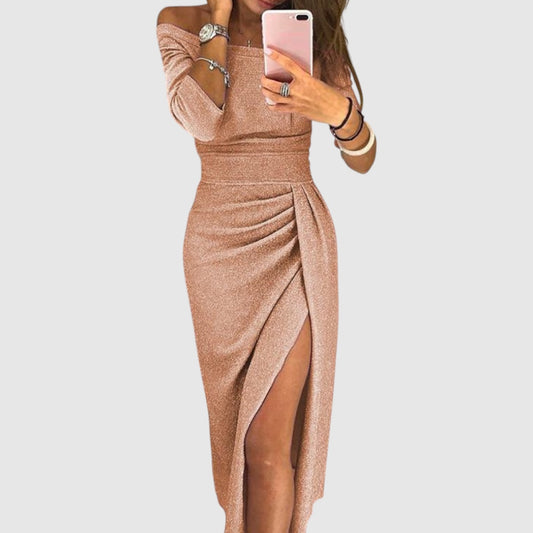Roos | Dames Glitter Jurk met Zijsplit | Midi met Open Schouders