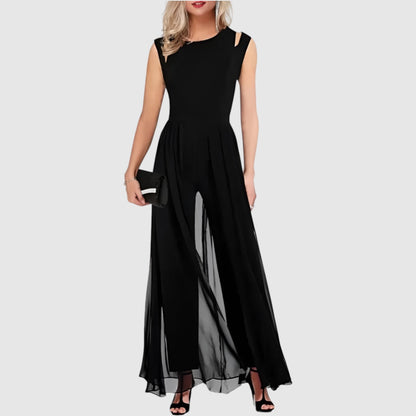 Lilian | Dames Mouwloze Chiffon Jumpsuit met Wijde Pijpen