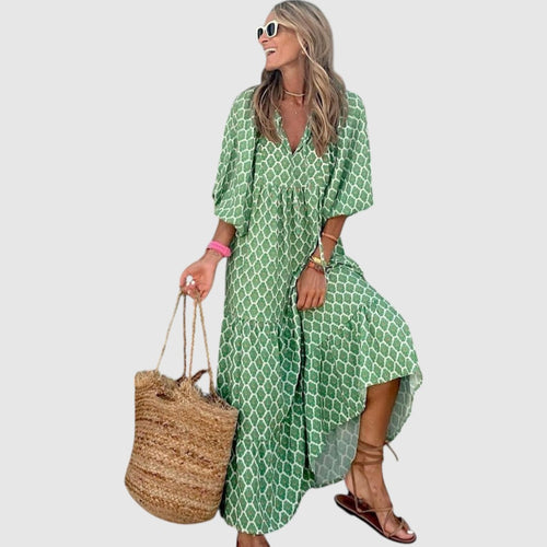 Barbara | Dames Maxi Jurk | Groene V-hals Strandjurk met Pofmouw