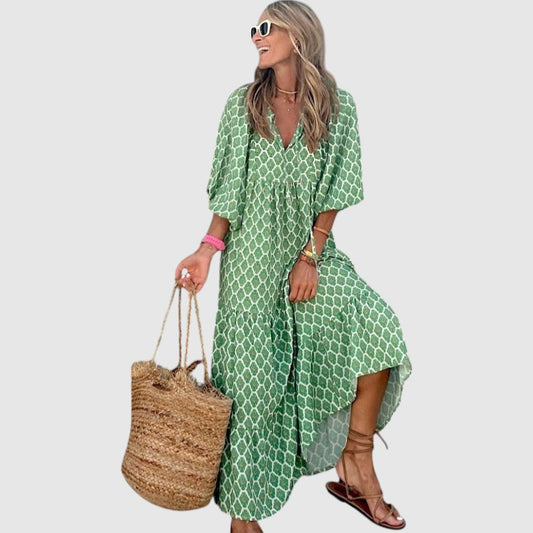 Barbara | Dames Maxi Jurk | Groene V-hals Strandjurk met Pofmouw