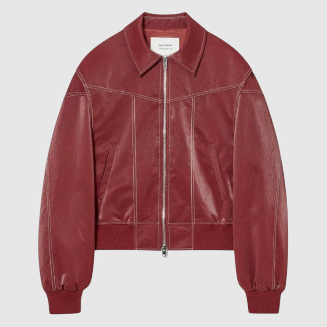 Jip | Dames Oversized Cropped Leren Jas met Rode Stiksels | Vintage