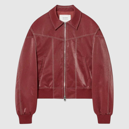 Jip | Dames Oversized Cropped Leren Jas met Rode Stiksels | Vintage
