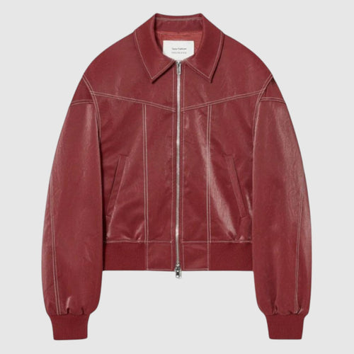 Jip | Dames Oversized Cropped Leren Jas met Rode Stiksels | Vintage