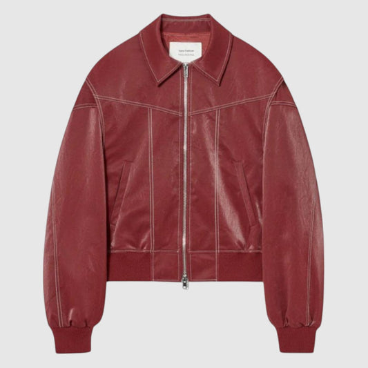 Jip | Dames Oversized Cropped Leren Jas met Rode Stiksels | Vintage