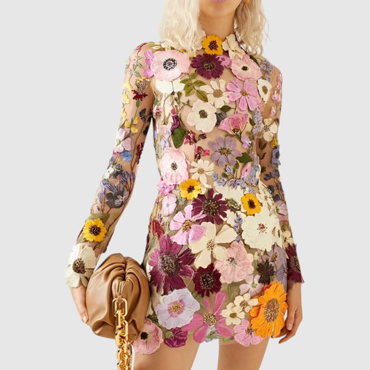 Annemiek | Dames Geborduurde Jurk | Mini Jurk met Bloemen en Lange Mouwen