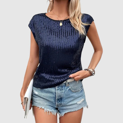 Kim | Dames Mouwloze Pailletten Top | Glitter met Ronde Hals