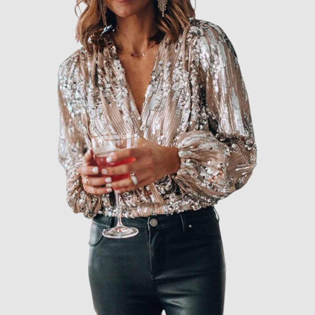 Yente | Dames Satijnen Glitter Blouse met Pofmouwen