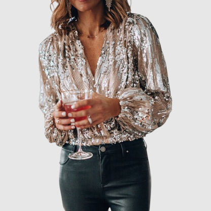 Yente | Dames Satijnen Glitter Blouse met Pofmouwen