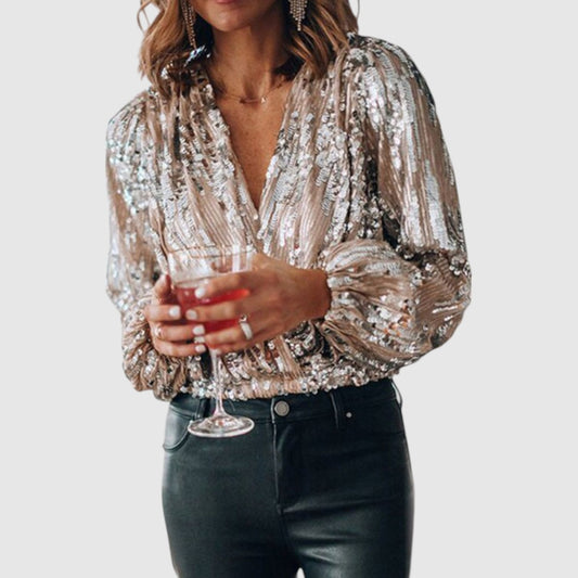 Yente | Dames Satijnen Glitter Blouse met Pofmouwen