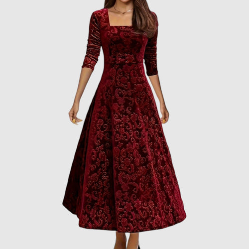 Mette | Dames Fluwelen Maxi Jurk met Vierkante Hals en Bloemenprint