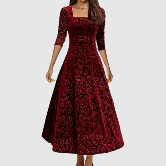 Mette | Dames Fluwelen Maxi Jurk met Vierkante Hals en Bloemenprint