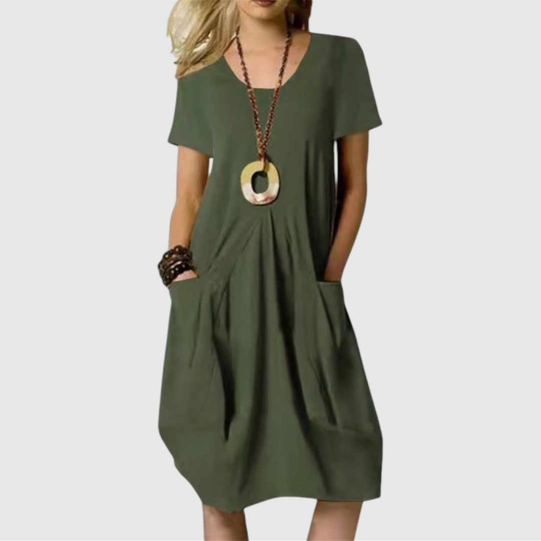 Susan | Dames Zomer Jurk met Ronde Hals | Midi met Zakken
