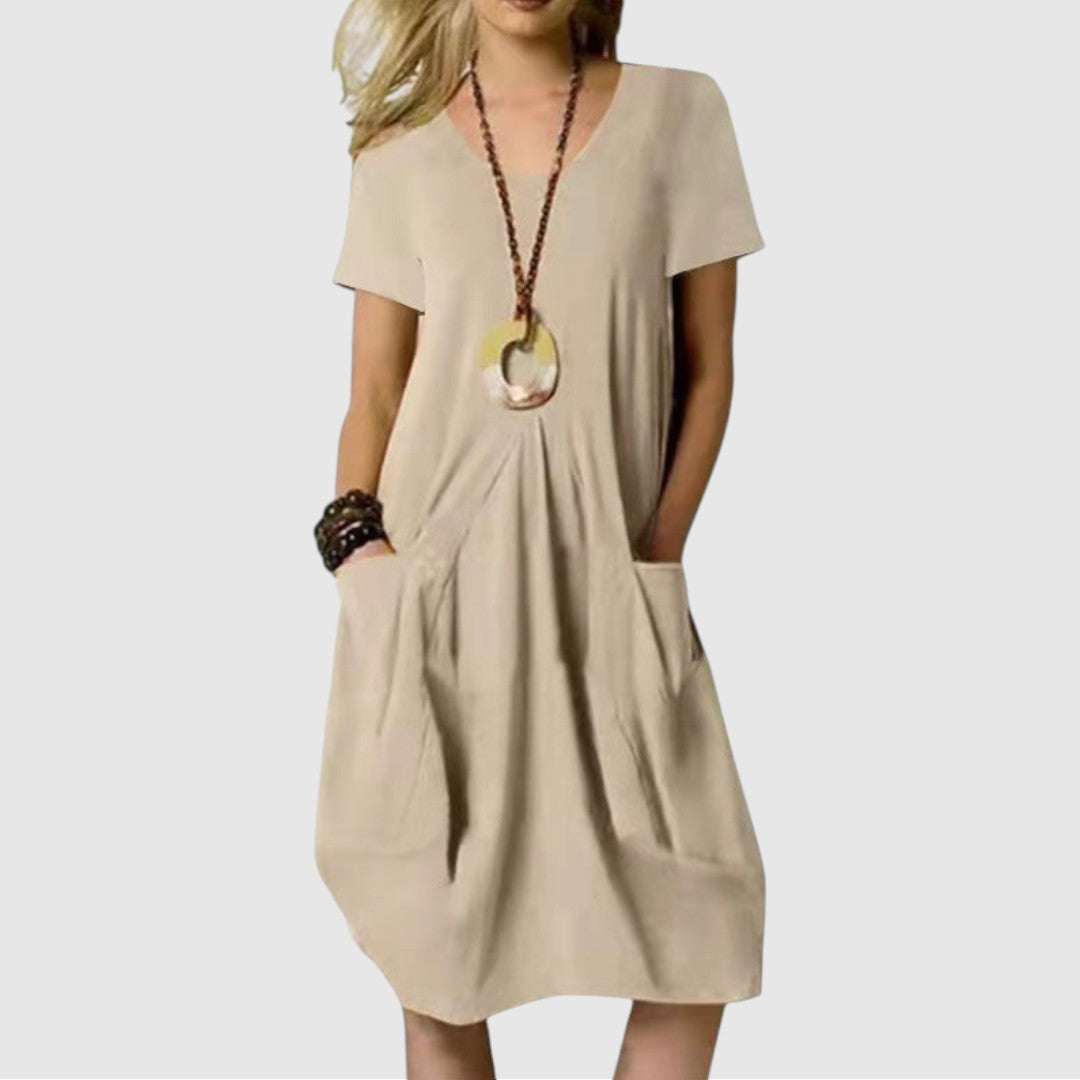 Susan | Dames Zomer Jurk met Ronde Hals | Midi met Zakken