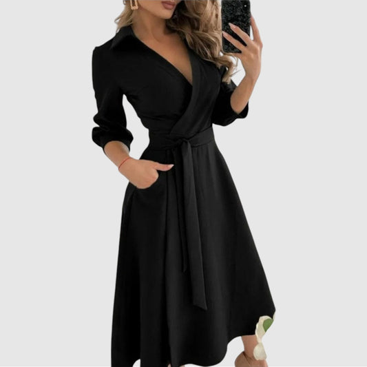Daphne | Dames V-Hals Jurk met Lange Mouwen | Midi Casual & Feestjurk