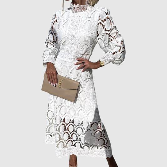 Celine | Dames Chique Zomerjurk met Staande Kraag | Midi met Kantdetails