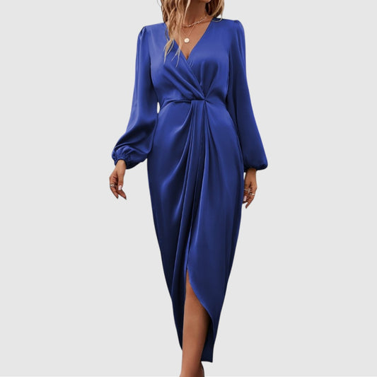 Jules | Dames Satijnen Jurk | Maxi Knoopdetail Taille V-Hals