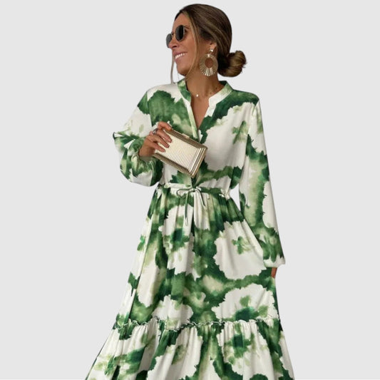 Fleur | Dames Flowy Jurk | Maxi met Lange Mouwen & V-Hals