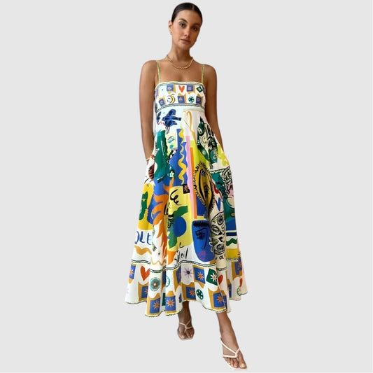 Demi | Dames Kleurrijke Linnen Zomerjurk | Maxi met Spaghettibandjes