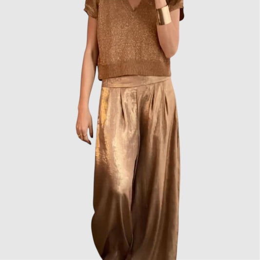 Joya | Dames Glanzende en Wijde Broek met Hoge Taille