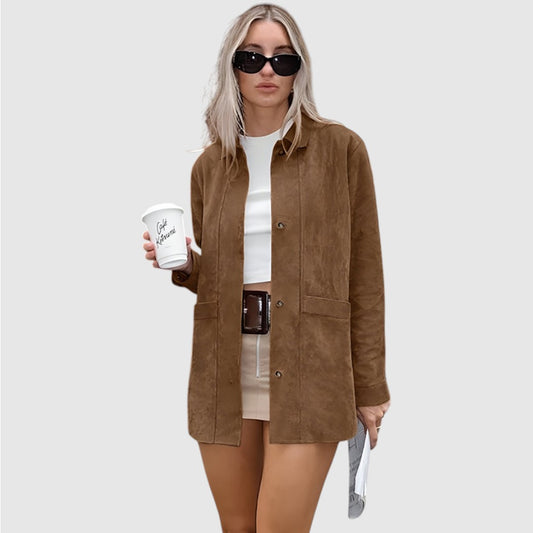 Vera | Dames Oversized Suède Jas met Knoopsluiting en Zakken