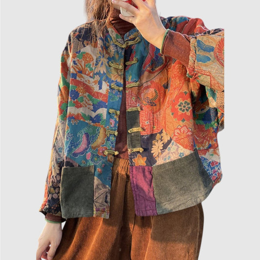 Jolie | Dames Vintage Jas met Print en Knoopsluiting & Lange Mouwen