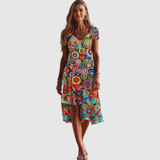 Hilde | Dames Zomer Jurk met Kleurrijk Patroon | Midi met V-Hals
