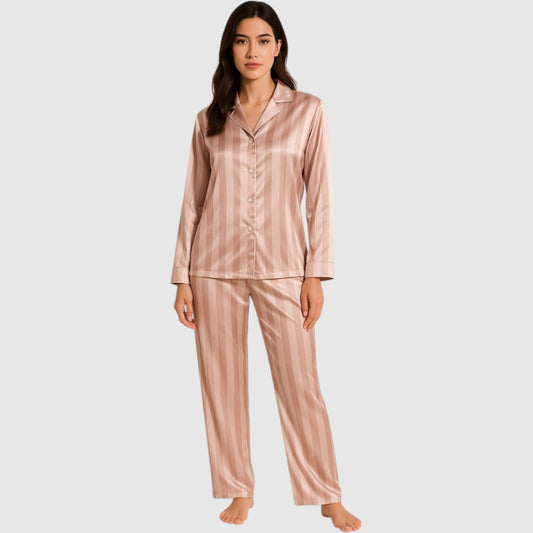 Renske | Dames Gestreepte Satijnen Pyjama Set met Knoopsluiting