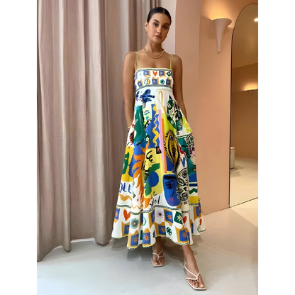 Demi | Dames Kleurrijke Linnen Zomerjurk | Maxi met Spaghettibandjes