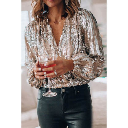 Yente | Dames Satijnen Glitter Blouse met Pofmouwen