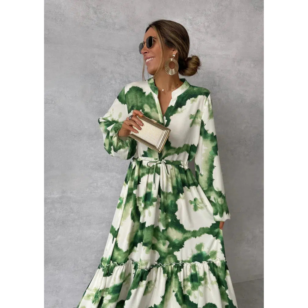 Fleur | Dames Flowy Jurk | Maxi met Lange Mouwen & V-Hals