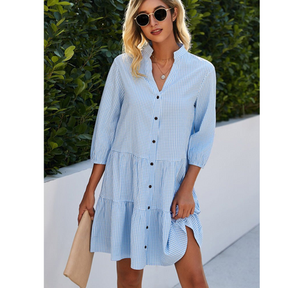 Charlotte | Dames Ruiten Jurk | Mini met Knoopsluiting en V-Hals