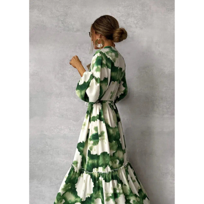 Fleur | Dames Flowy Jurk | Maxi met Lange Mouwen & V-Hals