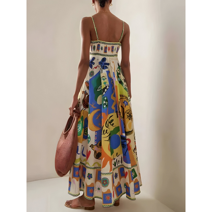 Demi | Dames Kleurrijke Linnen Zomerjurk | Maxi met Spaghettibandjes