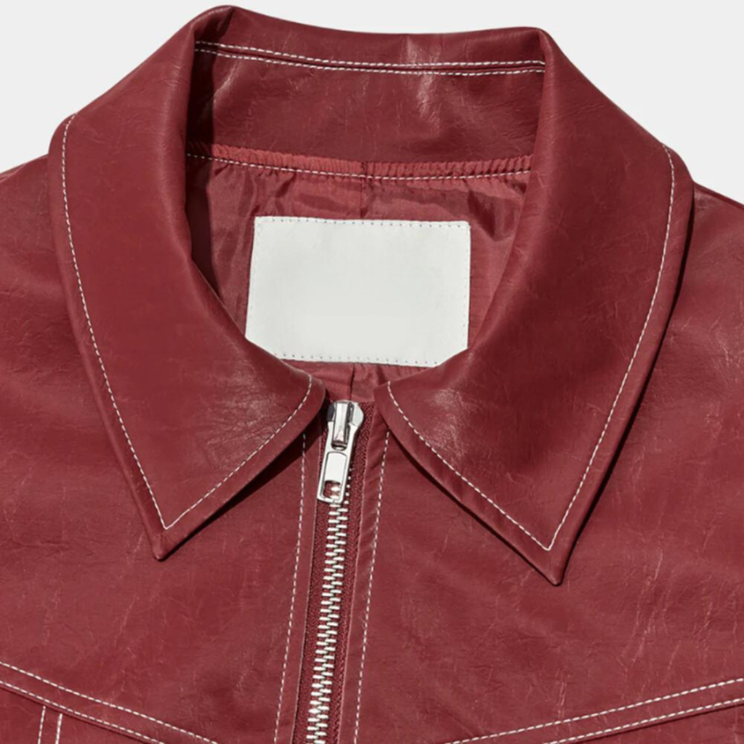 Jip | Dames Oversized Cropped Leren Jas met Rode Stiksels | Vintage