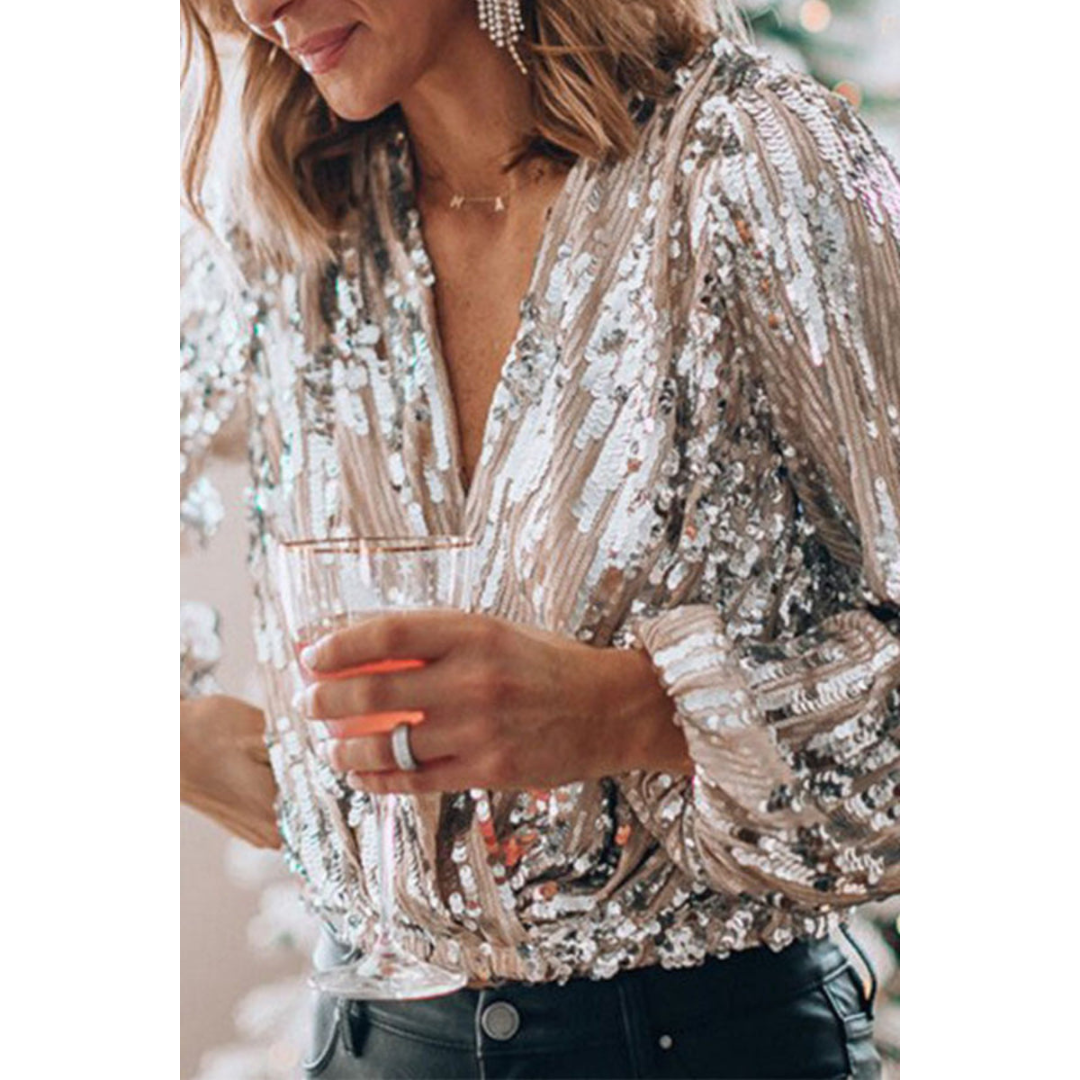 Yente | Dames Satijnen Glitter Blouse met Pofmouwen