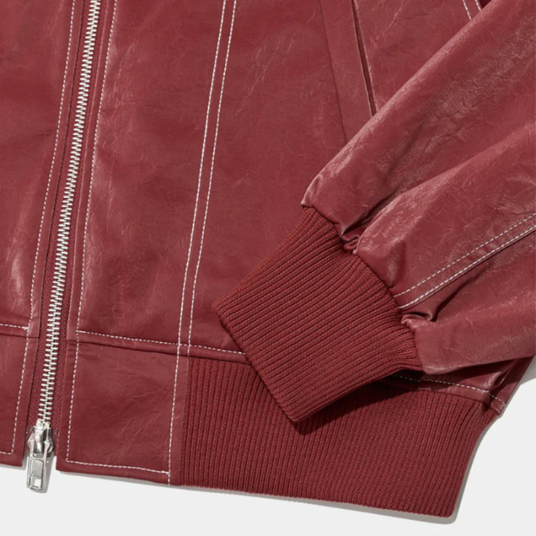 Jip | Dames Oversized Cropped Leren Jas met Rode Stiksels | Vintage