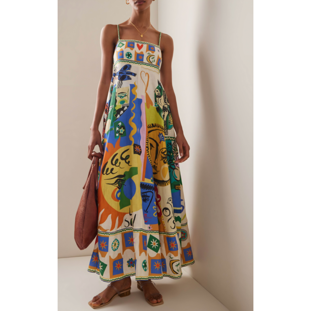 Demi | Dames Kleurrijke Linnen Zomerjurk | Maxi met Spaghettibandjes