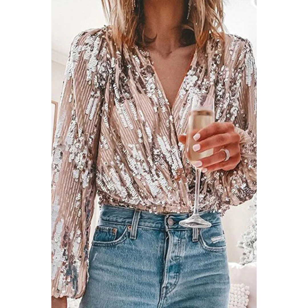 Yente | Dames Satijnen Glitter Blouse met Pofmouwen