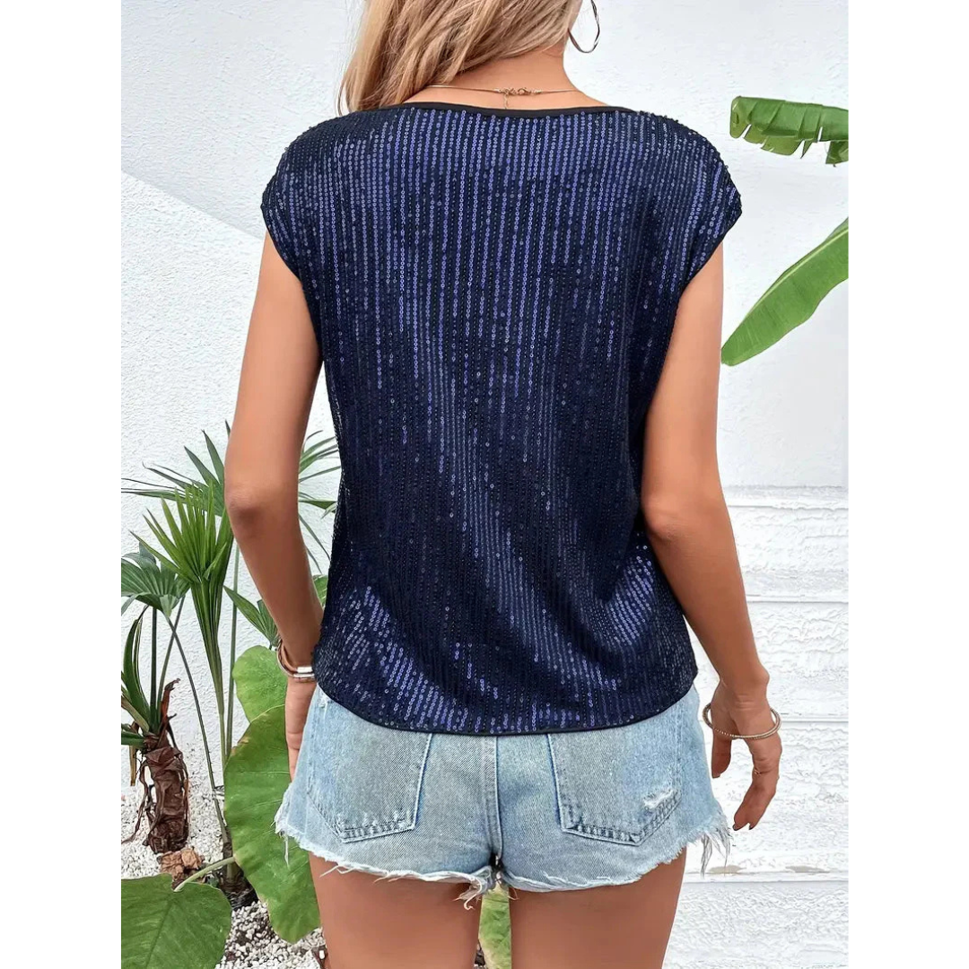 Kim | Dames Mouwloze Pailletten Top | Glitter met Ronde Hals