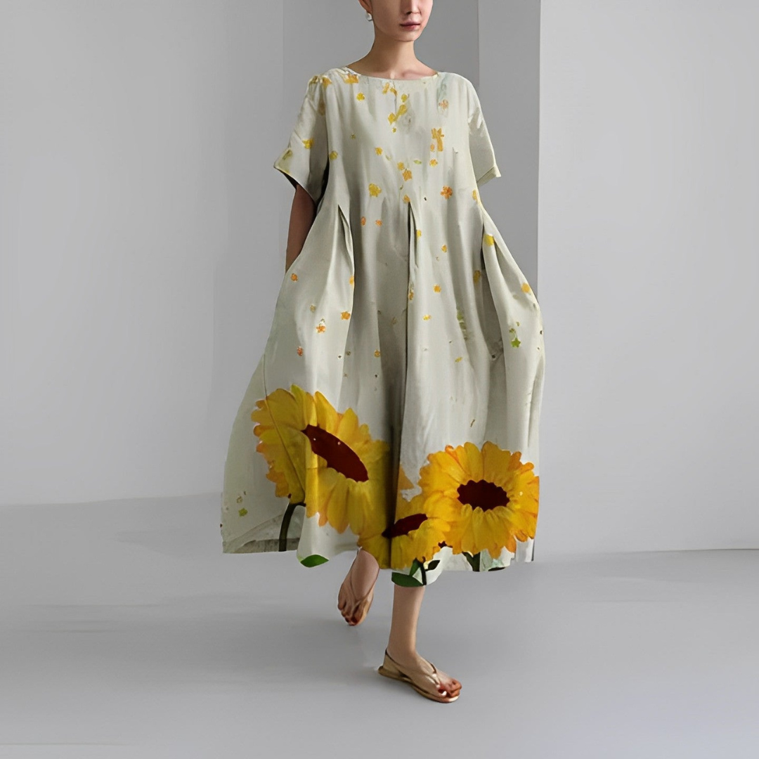 Rosa | Dames Linnen Zomer Jurk | Midi Jurk met Print